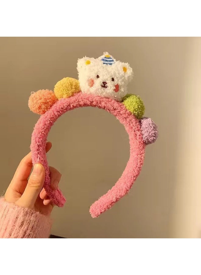 Cute plush white bear headband for women, perfect for washing your face (pink headband)