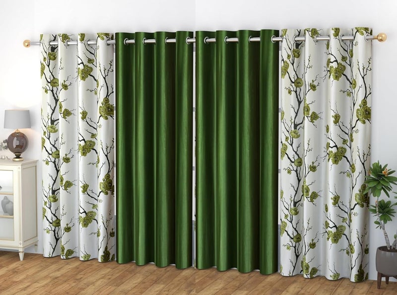 Yarnis Yarnis Polyester Floral Printed and Plain Window Door Eyelet Curtains for Living Room Bedroom Home Dcor Dark Green Cream 4 X 7 Feet Combo of 4 Pcs - Image 1