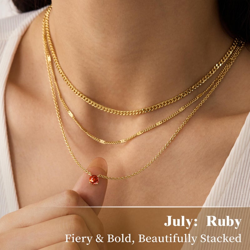 WomenGifts July Created Ruby (Crimson Red) Layered Necklace Set, 14K Gold Plated Birthstone Pendant with Choker Cuban Link & Satellite Chain, Personalized Jewelry Gift - Image 4