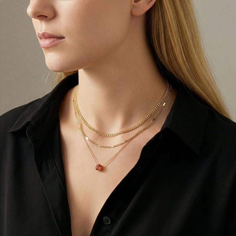 WomenGifts July Created Ruby (Crimson Red) Layered Necklace Set, 14K Gold Plated Birthstone Pendant with Choker Cuban Link & Satellite Chain, Personalized Jewelry Gift - Image 2