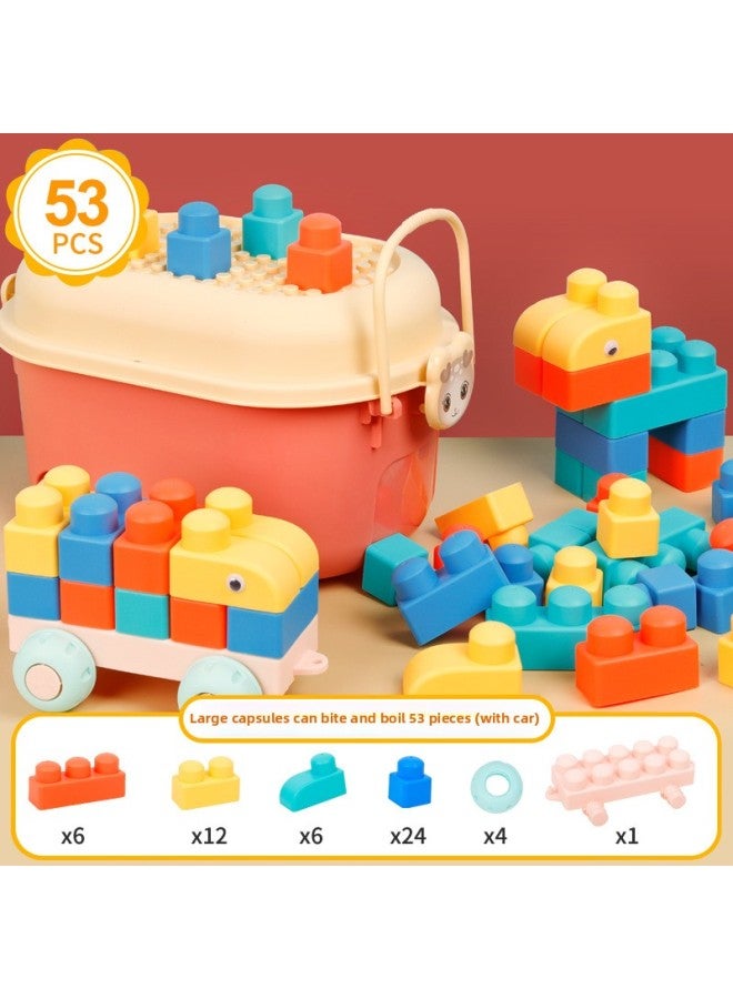 Children's Soft Rubber Building Blocks Maternal And Infant Puzzle And Brain Toys Large Particle Varied Assembled Building Blocks Baby Men And Women DIY-Color:Large Particles Can Bite 53 Pieces (with Car) + Small Red Deer Storage Bucket  - Image 1