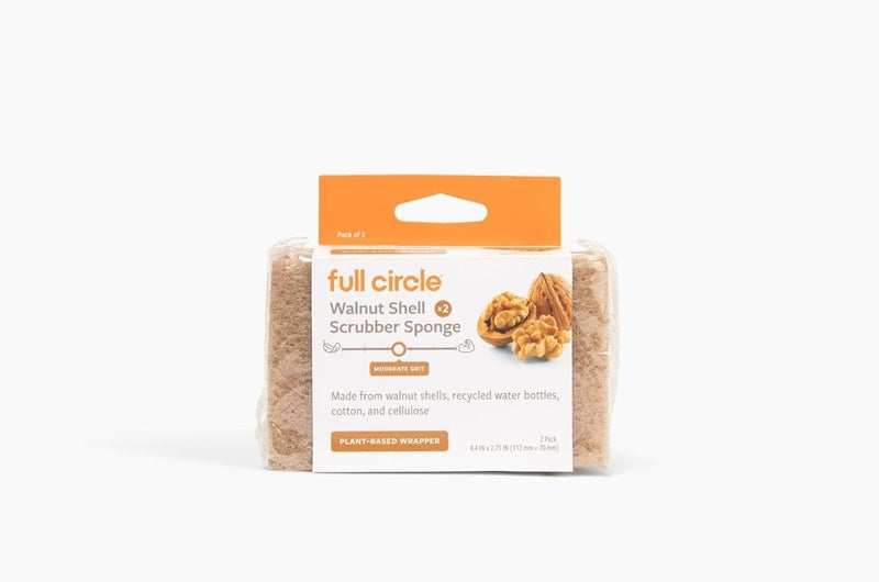 Full Circle In A Nutshell Walnut Shell Scrubber Sponges - Pack of 2 Non-Scratch Natural Kitchen Scrubbies for Dishes and Household Cleaning - Image 1