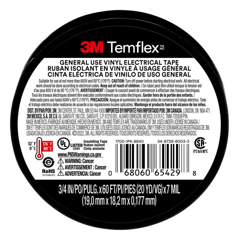 3M Temflex Vinyl Electrical Tape, 1700, 3/4 in x 60 ft, Black 1.5core (3-Roll) - Image 3