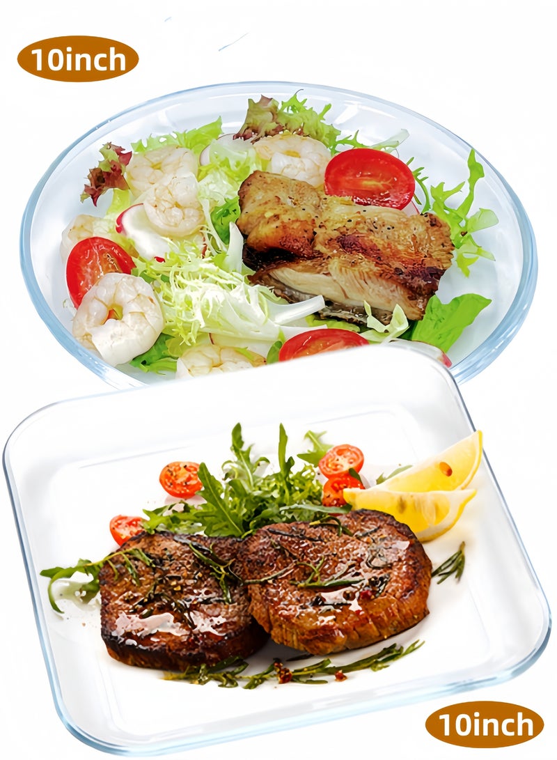 fenix طبق مقسم متين من الزجاج المقسّى مكون من قطعتين، طبق دائري مقاس 10 بوصات، طبق مربع مقاس 10 بوصات، مقسم لصناديق الغداء، أطباق عشاء مقسمة، آمنة للاستخدام في الميكروويف وغسالة الأطباق، مجموعات تخزين - Image 1