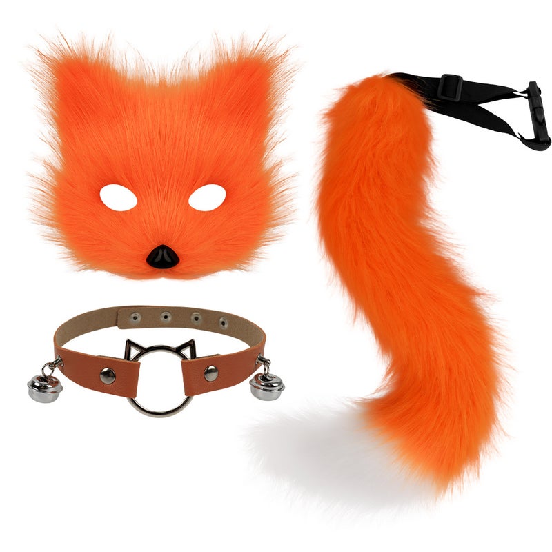Halloween Fox Half-Face Mask Set with Plush Tail and Beast Ears Orange three-piece set - Image 1