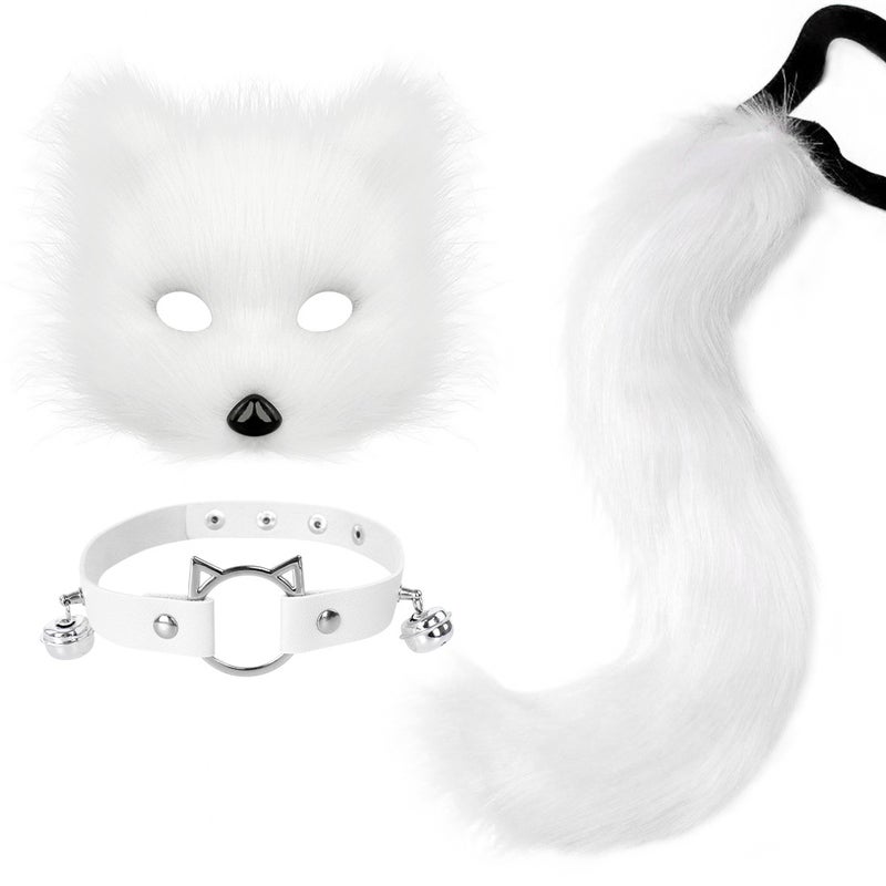 Halloween Fox Half-Face Mask Set with Plush Tail and Beast Ears Orange three-piece set - Image 4