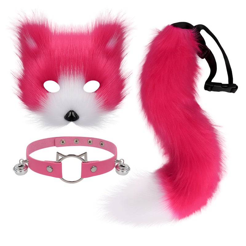 Halloween Fox Half-Face Mask Set with Plush Tail and Beast Ears Orange three-piece set - Image 2