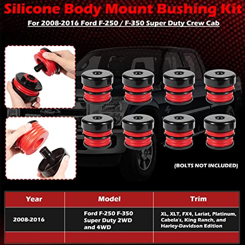 Sunluway Silicone Body Mount Kit for Ford F-250 / F-350 Crew Cab 2/4WD Super Duty 2008-2016, 8 Pack Silicone Body Mount Bushings Kit Improve Bumpy Ride, Durable Components Outperforms OEM and PU Mounts (Red) - Image 2