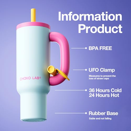 CHAKO LAB BaWang Insulated Stainless Steel Tumbler | Tumbler with Handle and Straw 33oz | Cup Holder Friendly for Travel | Leakproof Water Bottle | BPA-Free | 316 stainless steel liner| pink＆blue - Image 3