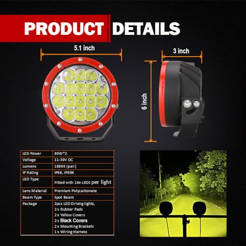 BIGLION.X 5Inch 2Pcs 160W Red Round Offroad Lights 18800LM Super Bright Amber Offroad Driving Lights Yellow Work Lights Waterproof IP68 12V 24V with Wiring Harness for Trucks Pickup ATV UTV SUV - Image 2