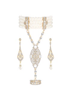 1920s Flapper Jewelry Set: Imitation Pearl and Crystal Bracelet, Art Deco Gatsby Earrings, Vintage Wedding Dangle Pearl Earrings, Perfect Accessories for Women’s 20s Flapper Style.