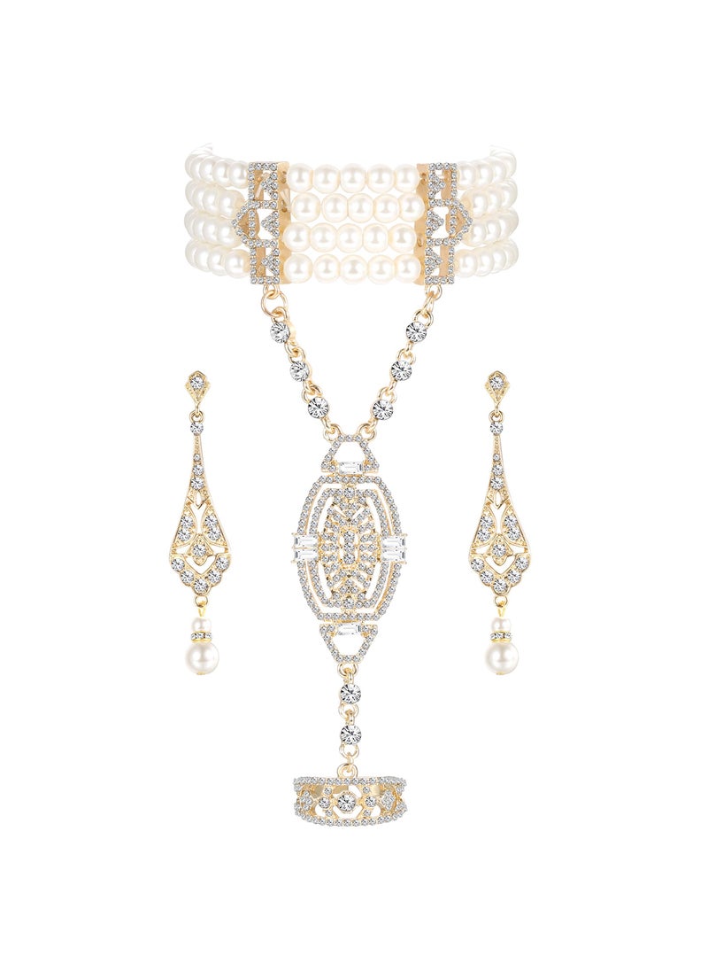 Generic - 1920s Flapper Jewelry Set: Imitation Pearl and Crystal Bracelet, Art Deco Gatsby Earrings, Vintage Wedding Dangle Pearl Earrings, Perfect Accessories for Women’s 20s Flapper Style. - Image 1