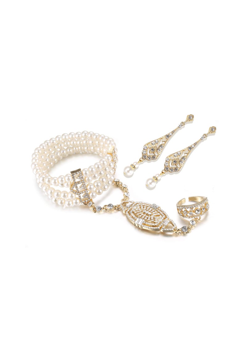 Generic - 1920s Flapper Jewelry Set: Imitation Pearl and Crystal Bracelet, Art Deco Gatsby Earrings, Vintage Wedding Dangle Pearl Earrings, Perfect Accessories for Women’s 20s Flapper Style. - Image 1