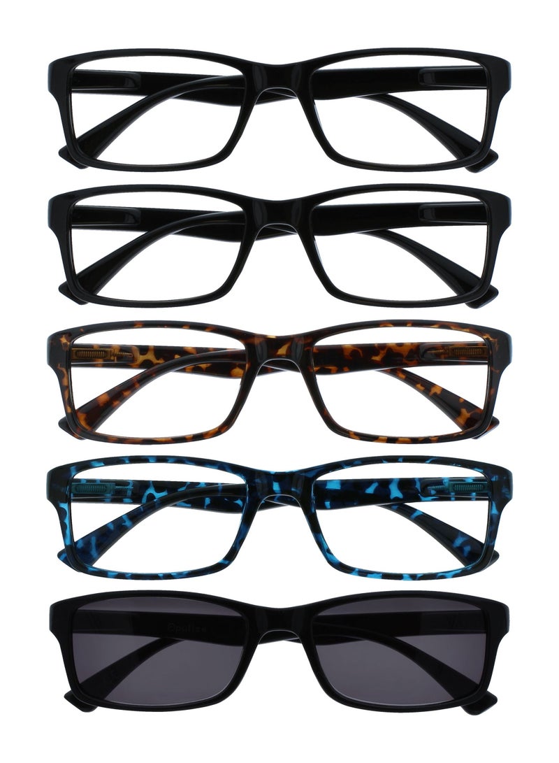 OPULIZE PEP Reading Glasses for Women Men With Reading Sunglasses  - Value 5 Pack - Large Rectangular Designer Frame - Tinted UV400 Protection Lens - Black Brown Blue With Black Sun Specs +3.00 - Image 1