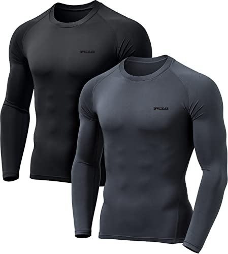 TSLA Men's Thermal Long Sleeve Compression Shirts, Athletic Base Layer Top, Winter Gear Running T-Shirt, Heat Core 2pack Black/Charcoal, Large - Image 1