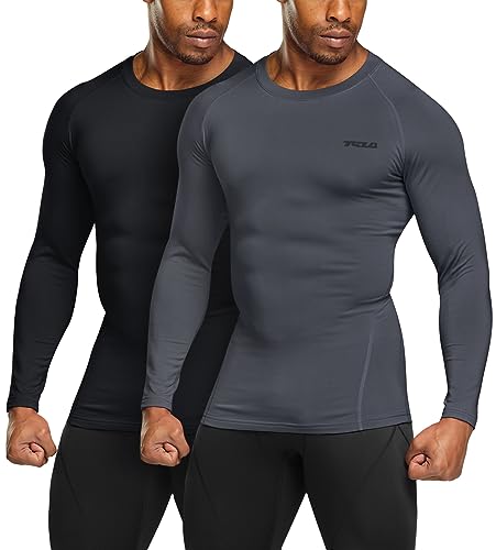 TSLA Men's Thermal Long Sleeve Compression Shirts, Athletic Base Layer Top, Winter Gear Running T-Shirt, Heat Core 2pack Black/Charcoal, Large - Image 2