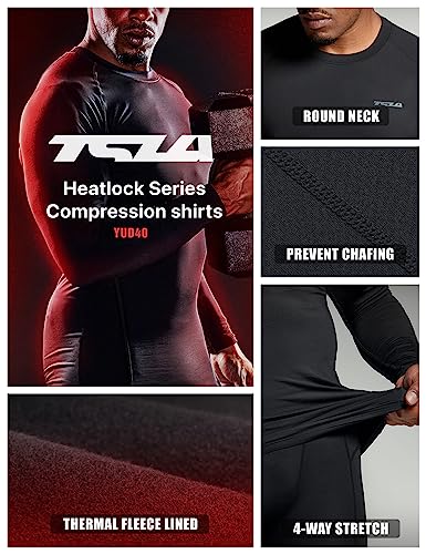 TSLA Men's Thermal Long Sleeve Compression Shirts, Athletic Base Layer Top, Winter Gear Running T-Shirt, Heat Core 2pack Black/Charcoal, Large - Image 5