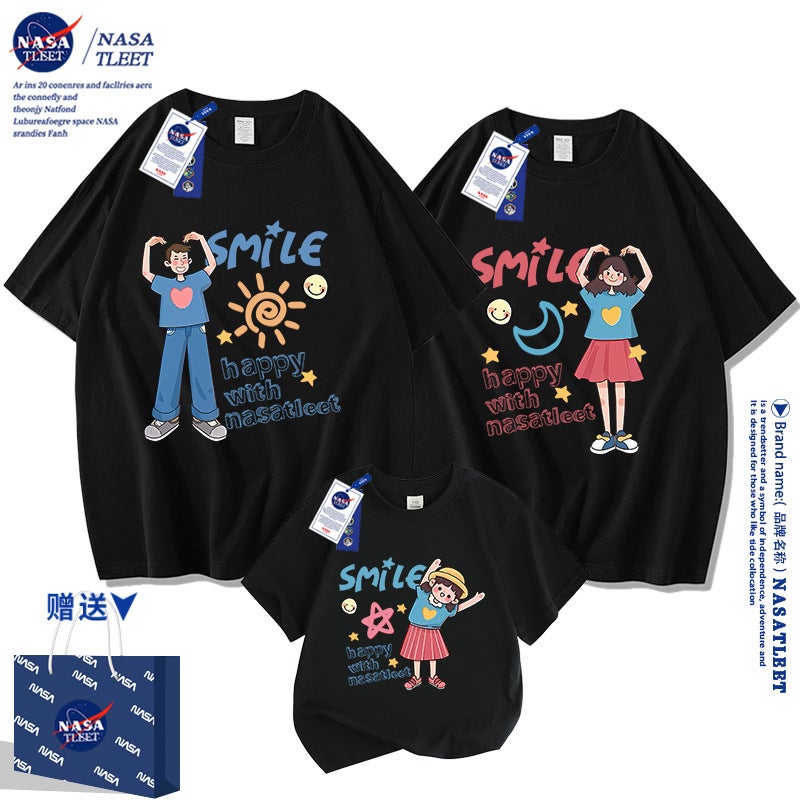 Nasa Parent-Child Dress Smile Sun Star Moon Short-Sleeved Family Of Three Mother And Daughter Mother And Son Family T-Shirt - Image 2