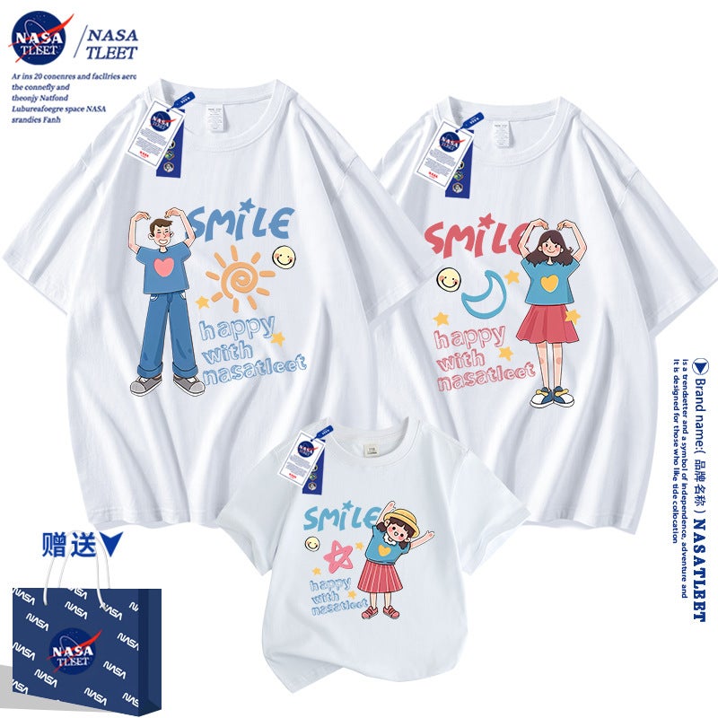 Nasa Parent-Child Dress Smile Sun Star Moon Short-Sleeved Family Of Three Mother And Daughter Mother And Son Family T-Shirt - Image 3