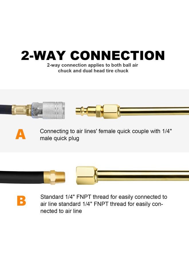 LUMITECO 2-Way Connection 13.8" Extended Air Chuck Set, 1/4 in FNPT Straight Foot Dual Head Tire Inflate Chuck with Standard Brass Quick Plug, Tire Air Compressor Fill Kit for Truck RV Dually Tires - Image 5