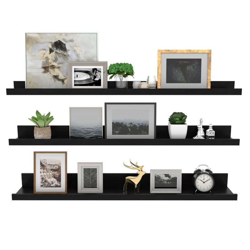 Giftgarden 36 Inch Black Floating Shelves for Wall Woodgrain Picture Ledge Large Photo Shelf for Bedroom Living Room Kitchen Bathroom Storage Shelving Set of 3 Different Sizes