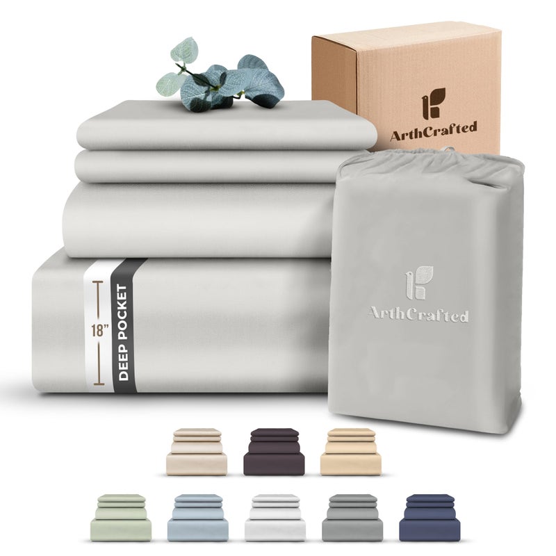 ArthCrafted 100% Eucalyptus Tencel Queen Bed Sheets, 18 Inch Deep Pocket Queen Sheets, Cooling Sheets with Elastic Corner Straps, Eucalyptus Silk Tencel Lyocell (Cool Grey, 4PC Queen) - Image 1