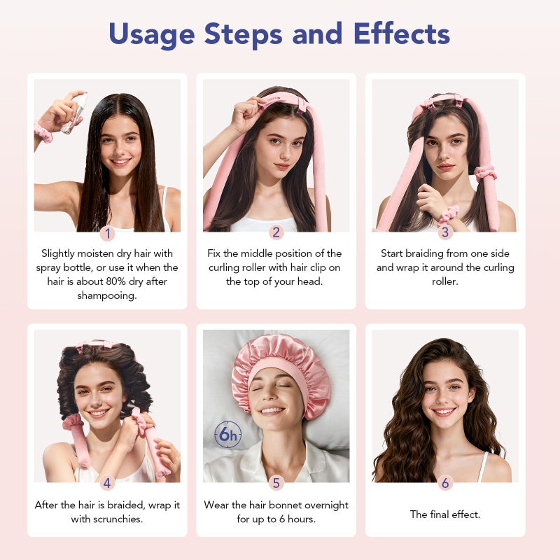 LitBear Heatless Curls Overnight, 2 Sizes of Soft Hair Rollers for Women with Bonnet to Sleep In, No Heat Hair Curlers Set with Scrunchies and Clips, for Long and Medium Hair (Pink) - Image 5