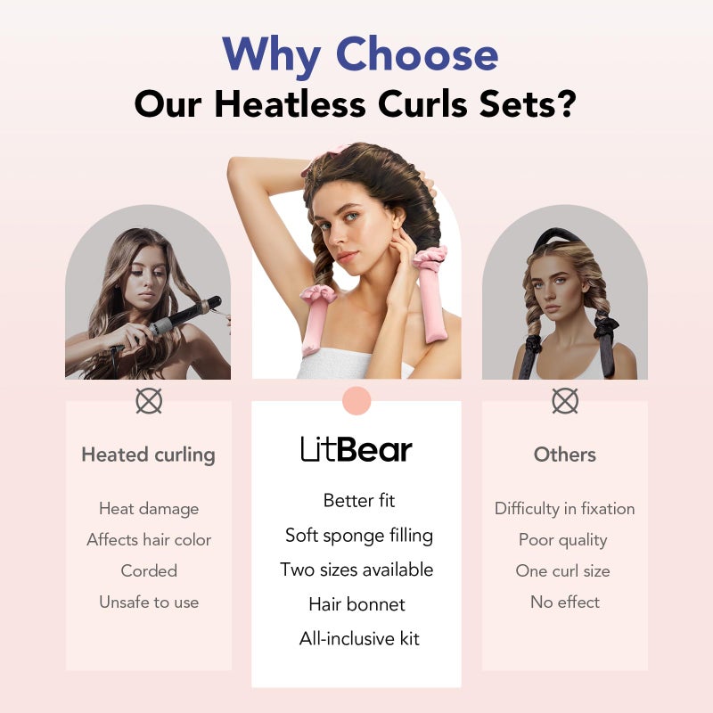 LitBear Heatless Curls Overnight, 2 Sizes of Soft Hair Rollers for Women with Bonnet to Sleep In, No Heat Hair Curlers Set with Scrunchies and Clips, for Long and Medium Hair (Pink) - Image 4