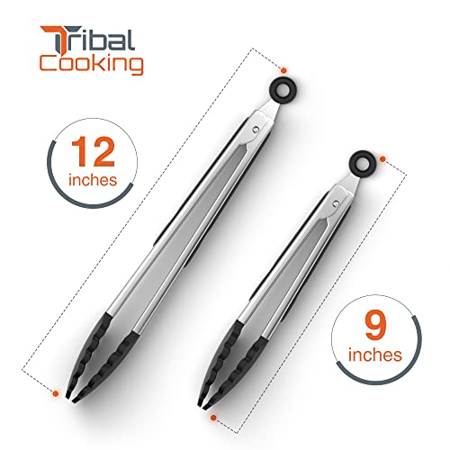 Tribal Cooking Kitchen Tongs with Silicone Tips - Stainless Steel tongs for cooking - 9" and 12" Tongs With Silicone Rubber Non Slip Grips, Heat Resistant Metal Tongs. - Image 3