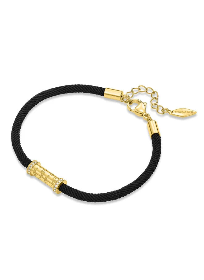 POLICE Braid Gold-Plated Monogram Cylindrical Charm with Crystals Black Cord Bracelet for Women
