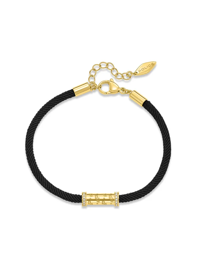 POLICE Braid Gold-Plated Monogram Cylindrical Charm with Crystals Black Cord Bracelet for Women