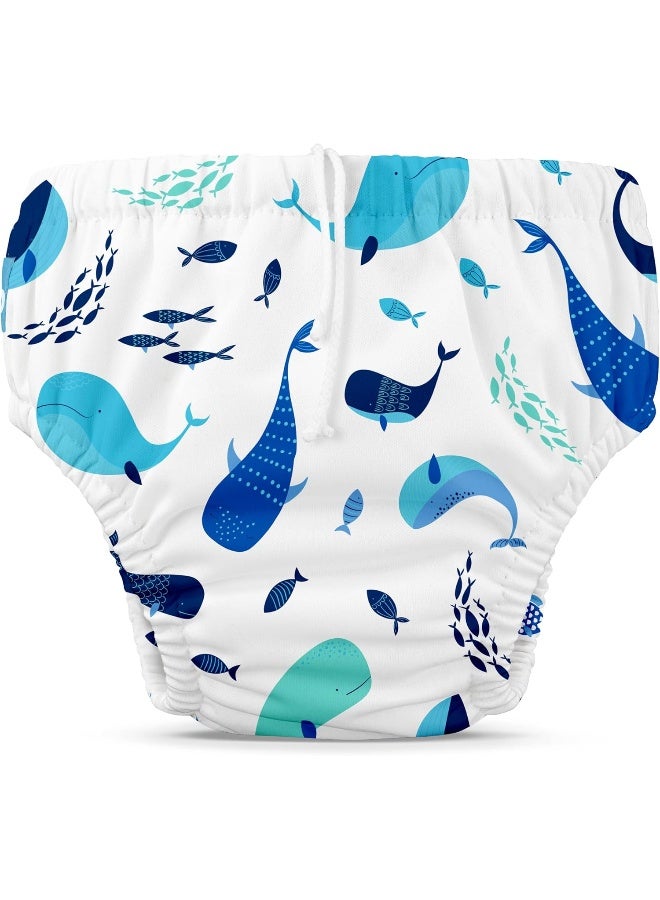 Charlie Banana Reusable Swim Diaper with Adjustable Drawstring, Soft and Snug Fit to Prevent Leaks, The Whale on White, Size L (22-34 lbs) - Image 1