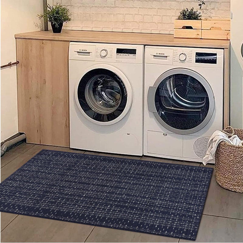 Seavish Seavish Boho Bathroom Rug Runner  Laundry Rug Woven Bath Mat  2'x4.2' Dark Blue Throw Rug Cotton Area Rug Washable Runner Rugs for Kitchen Hallway Living Room Bedroom Patio  - Image 1
