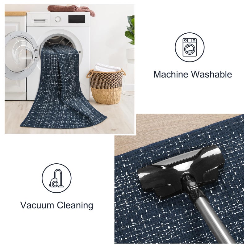 Seavish Seavish Boho Bathroom Rug Runner  Laundry Rug Woven Bath Mat  2'x4.2' Dark Blue Throw Rug Cotton Area Rug Washable Runner Rugs for Kitchen Hallway Living Room Bedroom Patio  - Image 4