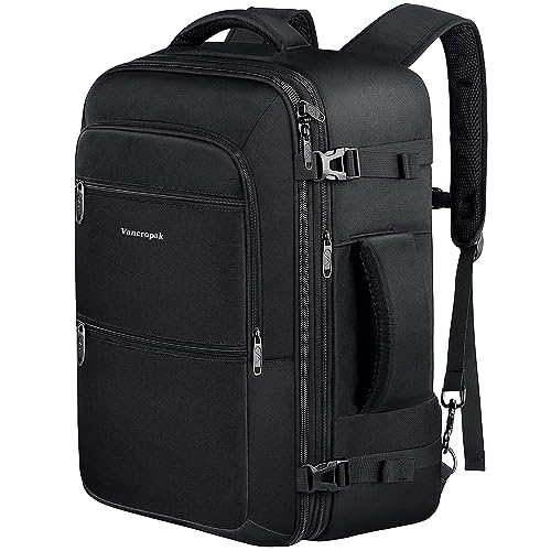 Vancropak Carry On Backpack, 45L Expandable Extra Large Travel Backpack, Flight Approved Water Resistant Luggage Suitcase Daypack, Lightweight Business Overnight Weekender Bag for Men & Women, Black - Image 1