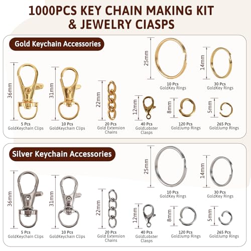 KIAFUM 1000-Piece Keychain Making Kit - Gold and Silver Lobster Claw Clasps, Key Rings, Jump Rings, Charms & Chains for DIY Craft Supplies, Jewelry Making, Bag Charms, and Lip Gloss Lanyards - Image 2