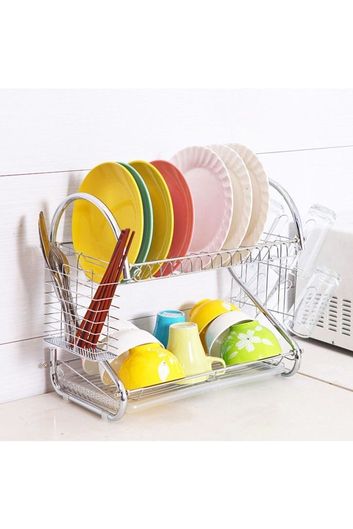 2-Tier Stainless Steel Dish Drying Rack With Drain Board Silver 55x38x22centimeter - Image 4