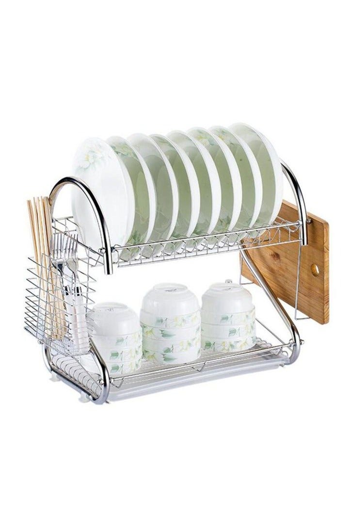 2-Tier Stainless Steel Dish Drying Rack With Drain Board Silver 55x38x22centimeter - Image 3