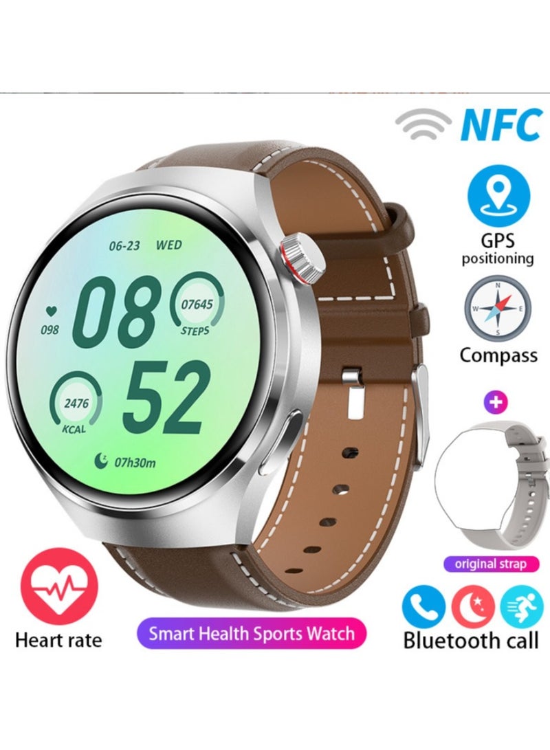 Beauenty Smart Watch GT4 PRO With Bluetooth Calling Function (Answer/Make Calls), Fitness Tracking Watch With Sleep Monitoring Function, Suitable For IPhone/Android, IP68 Waterproof (Leather Brown+Silver Sil - Image 2