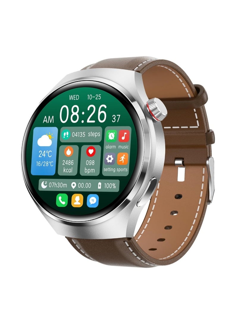 Beauenty Smart Watch GT4 PRO With Bluetooth Calling Function (Answer/Make Calls), Fitness Tracking Watch With Sleep Monitoring Function, Suitable For IPhone/Android, IP68 Waterproof (Leather Brown+Silver Sil - Image 1