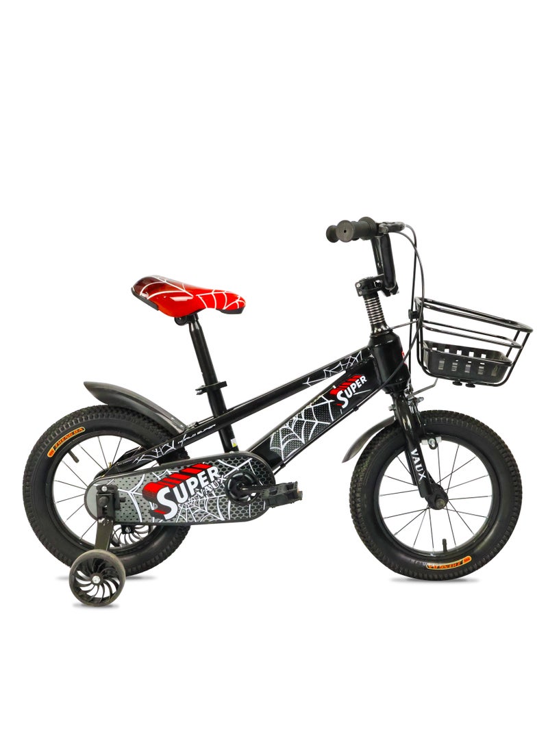 Vaux Super 12-Inch Kids Bike | 12-Inch Wheel Size| Adjustable Seat | With Basket, Handbrake, Mudguards And Training Wheels | Black Color - Image 1