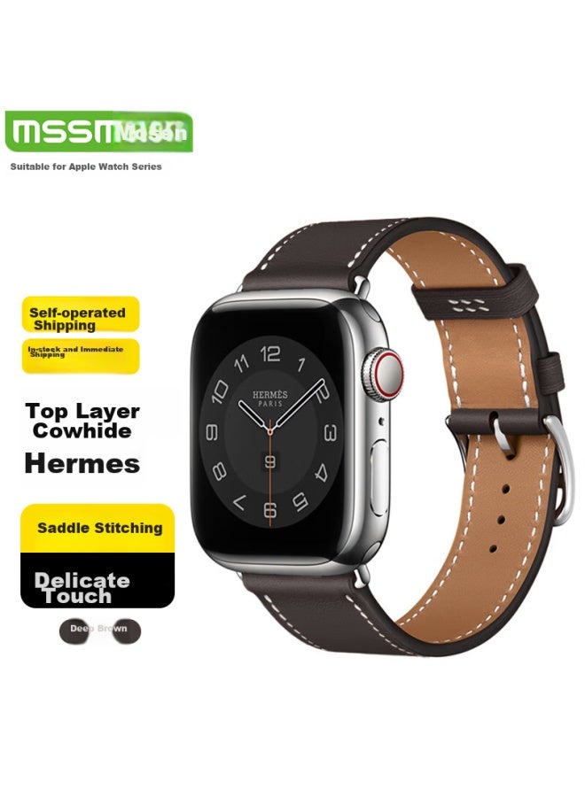 Mssm Suitable For Apple Watch Band, Apple Iwatch Hermes Style Swift Cowhide Genuine Leather Strap, Ultra/s10/9/8/7, Dark Brown, 44/45/46/49mm - Image 1