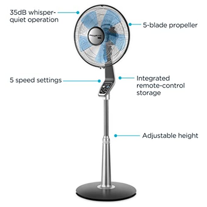 Rowenta Pedestal Fan, 53 Inches, Ultra Quiet Oscillating Fan For Bedroom, Portable, 5 Speeds, Refresh Up To 23-Feet, Silver, Indoor, Vu5670 - Image 2