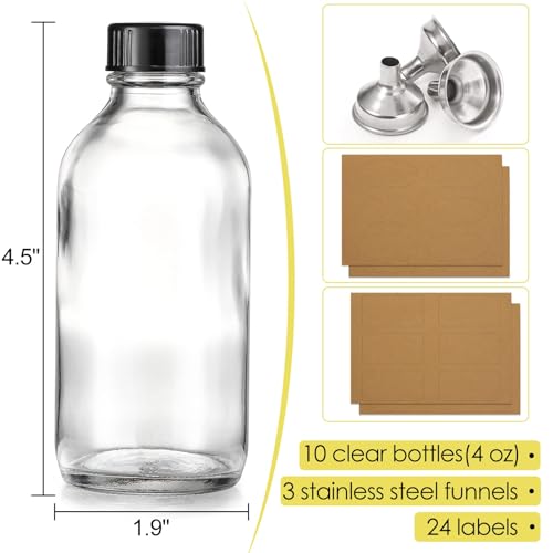 Aozita 10 Pack, 4 oz Small Clear Glass Bottles w/Lids & 3 Stainless Steel Funnel - 120ml Boston Round Sample Bottle for Potion, Juice, Ginger Shot, Wellness, Oils, Whiskey, Liquids - Leakproof Travel Bottle - Image 3