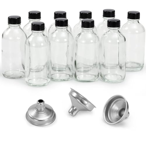 Aozita 10 Pack, 4 oz Small Clear Glass Bottles w/Lids & 3 Stainless Steel Funnel - 120ml Boston Round Sample Bottle for Potion, Juice, Ginger Shot, Wellness, Oils, Whiskey, Liquids - Leakproof Travel Bottle - Image 2