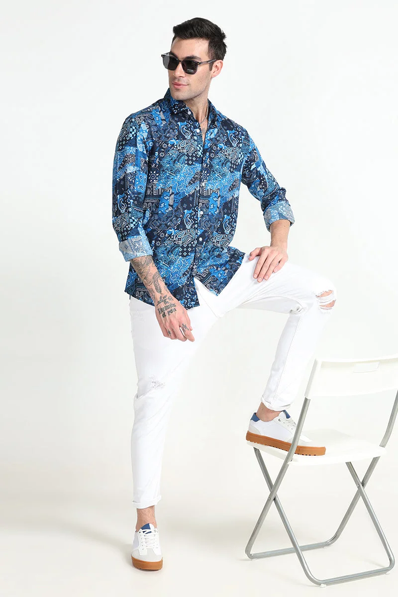 سنيتش Blue Paisley Long Sleeve Slim Fit Casual Shirt