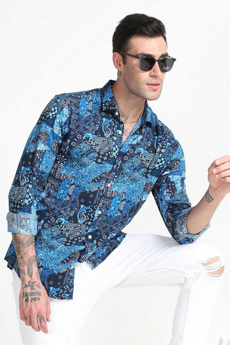 سنيتش Blue Paisley Long Sleeve Slim Fit Casual Shirt