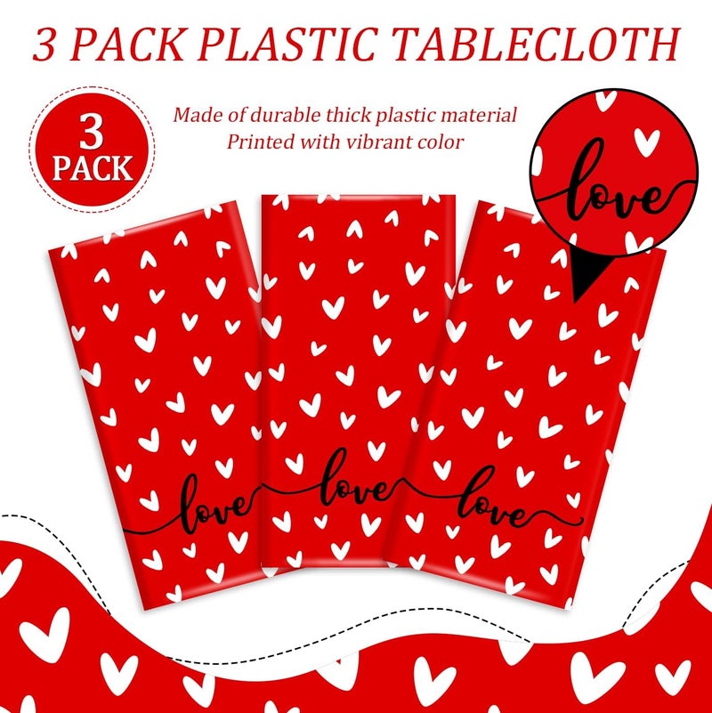 Reyoust 3Pcs Valentine's Day Plastic Tablecloth Love Heart Romantic Rectangular Table Cloths Red White Tablecovers for Valentines Wedding Engagement Anniversary Galentines Mother's Day Party Decorstions - Image 4