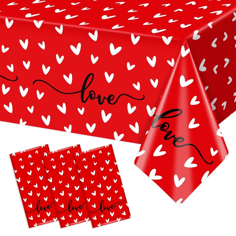 Reyoust 3Pcs Valentine's Day Plastic Tablecloth Love Heart Romantic Rectangular Table Cloths Red White Tablecovers for Valentines Wedding Engagement Anniversary Galentines Mother's Day Party Decorstions - Image 1