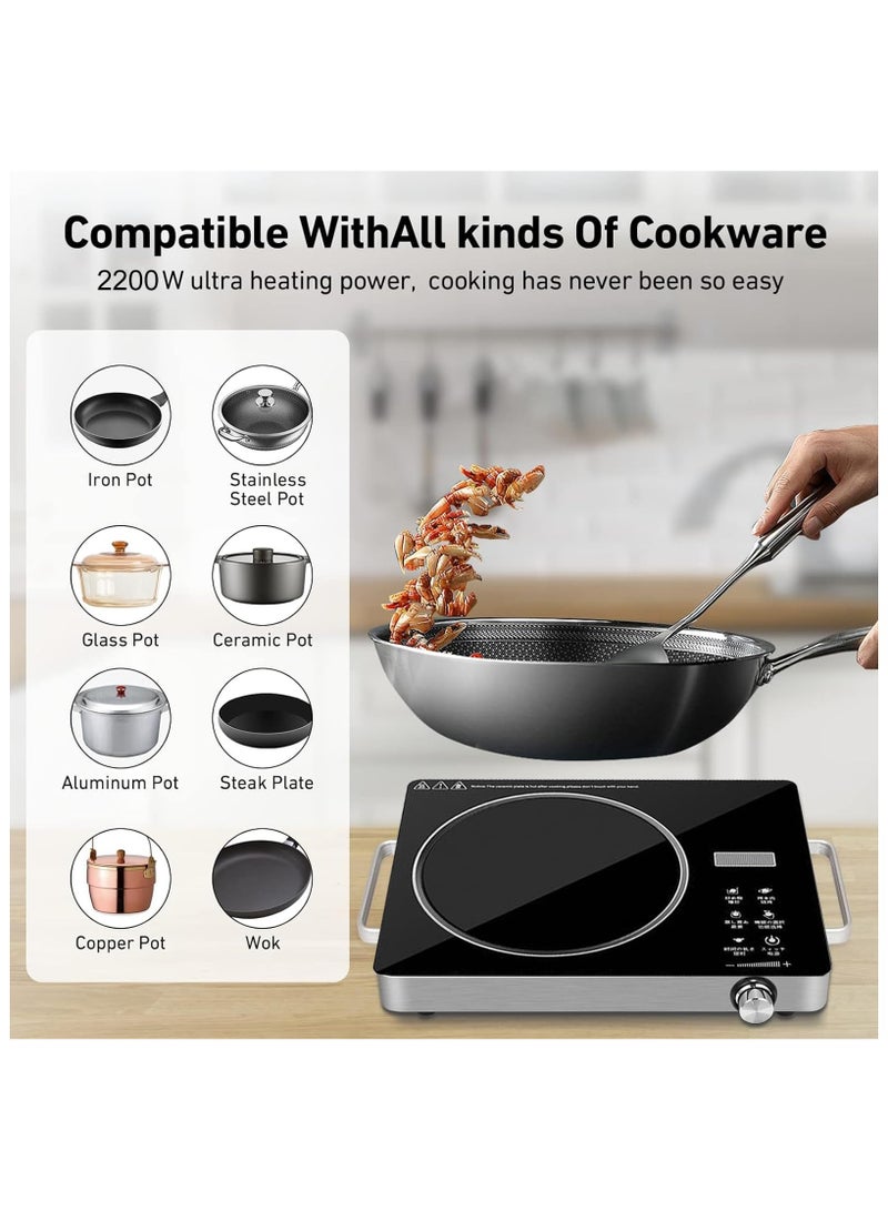 رايتشر طباخ الأشعة تحت الحمراء، 2200 واط، موقد كهربائي من السيراميك، موقد كهربائي ذو شعلة واحدة ولوح زجاجي بلوري مزدوج مع تحكم باللمس في درجة الحرارة قابل للتعديل وحماية من الحرارة الزائدة (أسود) - Image 3